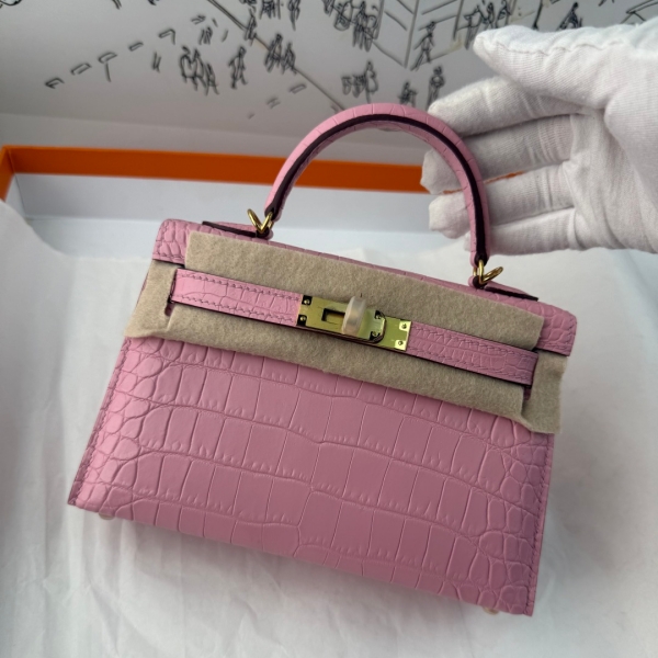 【エルメス HERMES】ミニケリー2 クロコダイル アリゲーター マット ピンク (5P) ゴールド金具 (100%手縫い)